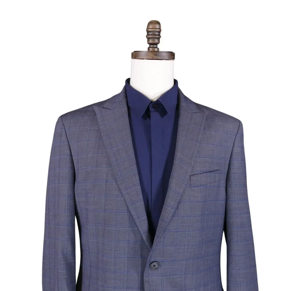Jos A Bank Traveler Sport Coat Blazer Men 42L Tailored Blue Plaid Wool Blend